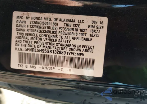 2016 Honda Odyssey Touring/Touring Elite z USA, uszkodzony, nr VIN 5FNRL5H95GB132889